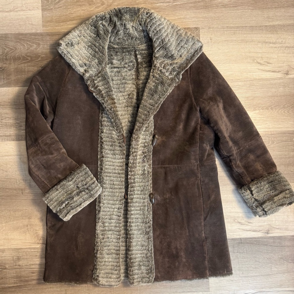 LNR Penny Lane Style Brown Suede Leather Fur Lined Coat with Toggle Clasp Size M